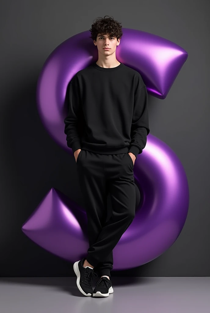 Command : A 20 year old boy with dark hair, dressed in a casual outfit including a black sweatshirt, jogger pants, and sneakers. The person is leaning against a large purple glossy letter 'S', which is Black with white accents. The overall color scheme is minimalistic, focusing on shades of black and grey. The scene has a modern and clean aesthetic, with soft darks and subtle shadows.