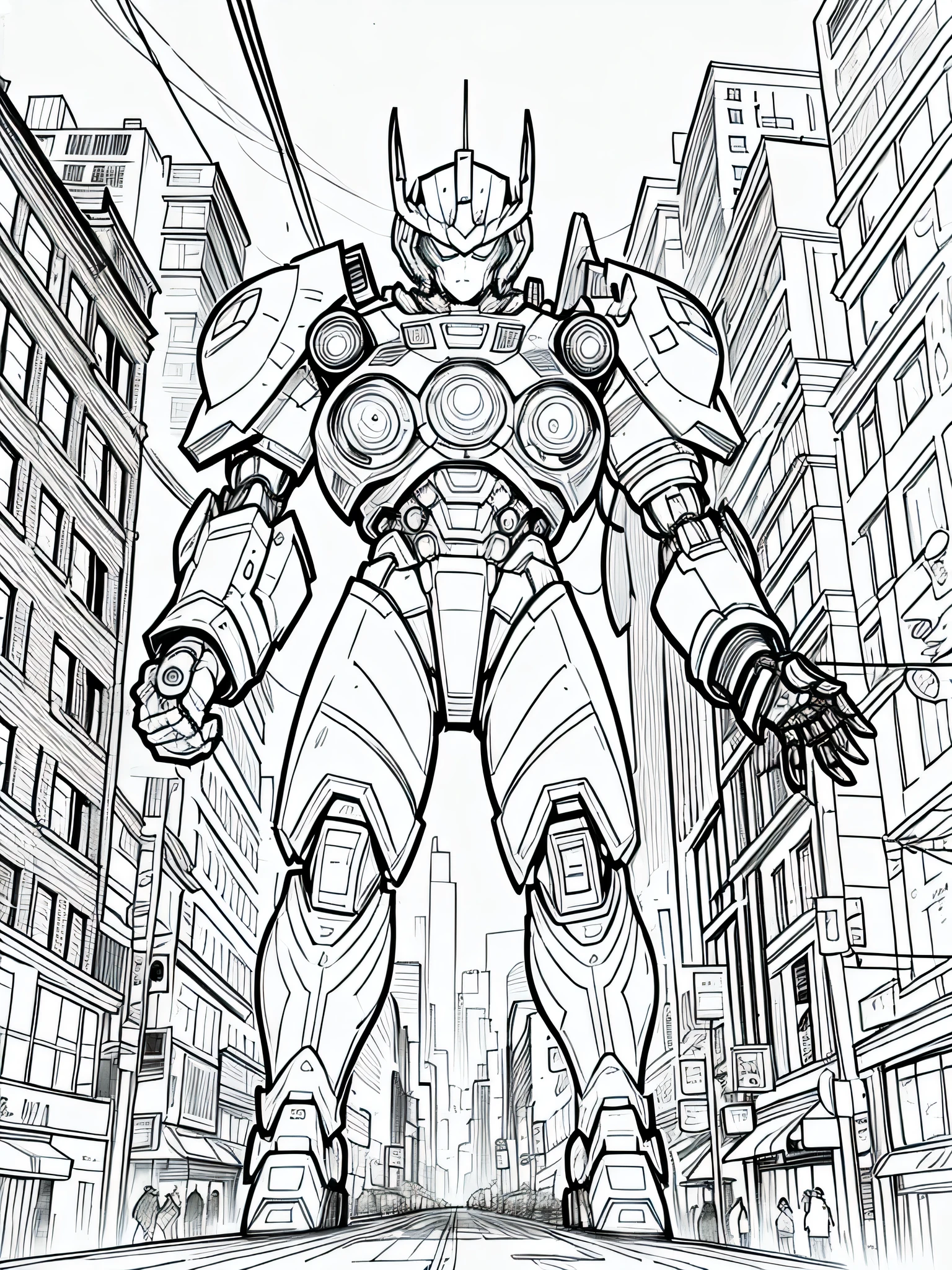 masterpiece, Best Quality, a giant mecha in the city, closeup Line art, monochrome, clean lines, black and white, his summer, coloring book page,