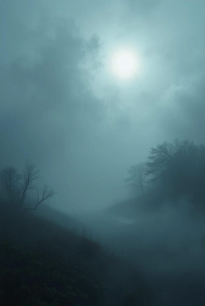 Thick, swirling mist with faint beams of moonlight cutting through it. The mist moves slowly and fluidly, creating a sense of otherworldly calm and unease. Light and shadow play across the mist, with occasional glimpses of dark shapes or figures hidden within. The colors are primarily soft greys and pale blues, with subtle highlights from the moonlight. The effect should be both beautiful and haunting, adding depth and texture to any scene it is applied to. Art style: photorealistic, with attention to the natural movement of fog and light.