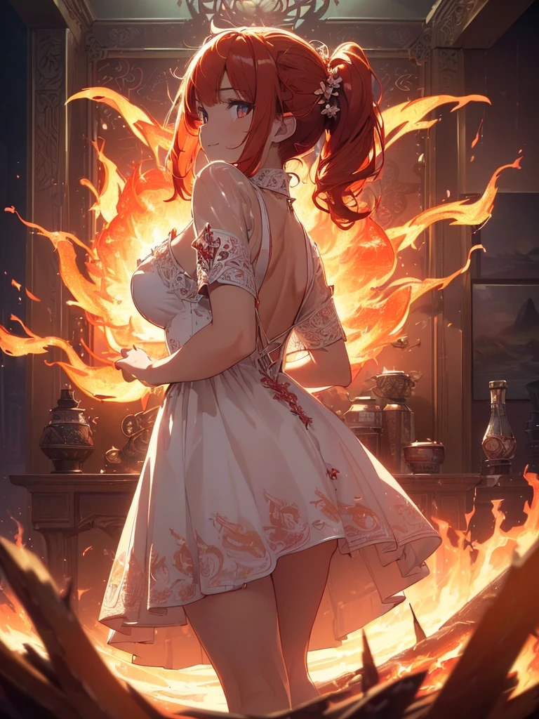 (((best quality, sharp image, clear image, cinematic lighting, 8k resolution, masterpiece, ultra detailed, intricate))) Girl, (((looking over left shoulder))), (shot from behind), ((half shot)), fiery red hair, pigtails, ((white dress)), ((flaming sigils, flaming runes)), spiky rock formations, (flaming lotus flowers frame), (intricate background), ((Phoenix)), (swirling flames), smiling