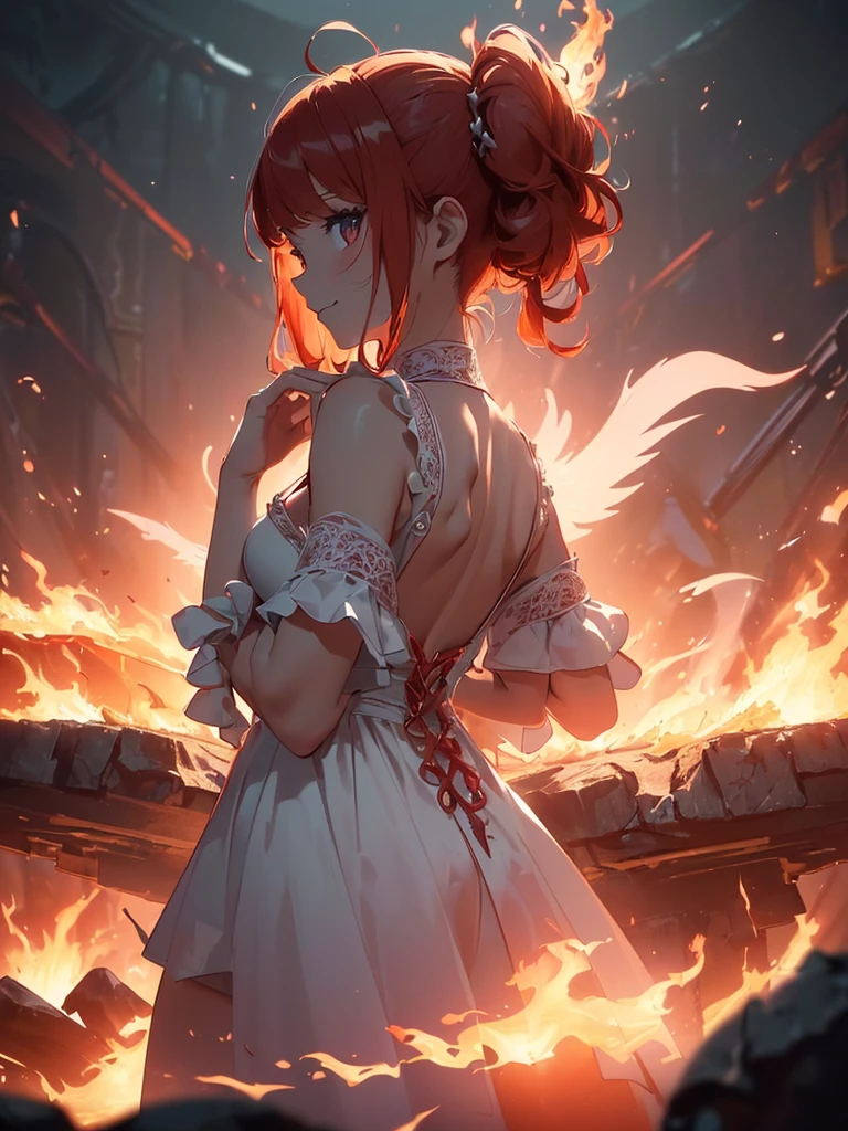 (((best quality, sharp image, clear image, cinematic lighting, 8k resolution, masterpiece, ultra detailed, intricate))) Girl, (((looking over left shoulder))), (shot from behind), ((half shot)), fiery red hair, pigtails, ((white dress)), ((flaming sigils, flaming runes)), spiky rock formations, (flaming lotus flowers frame), (intricate background), ((Phoenix)), (swirling flames), smiling