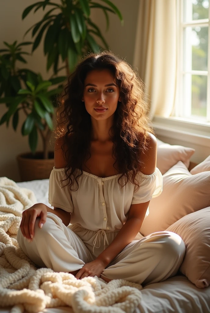 (photorealism:1.2), beautiful woman, sitting on bed, wearing loose off-shoulder top, pajama pants, long curly hair, indoors, soft lighting, plants in background, window with sunlight, cozy room, relaxed pose, realistic, intricate details, warm colors, by Greg Rutkowski, by Alphonse Mucha