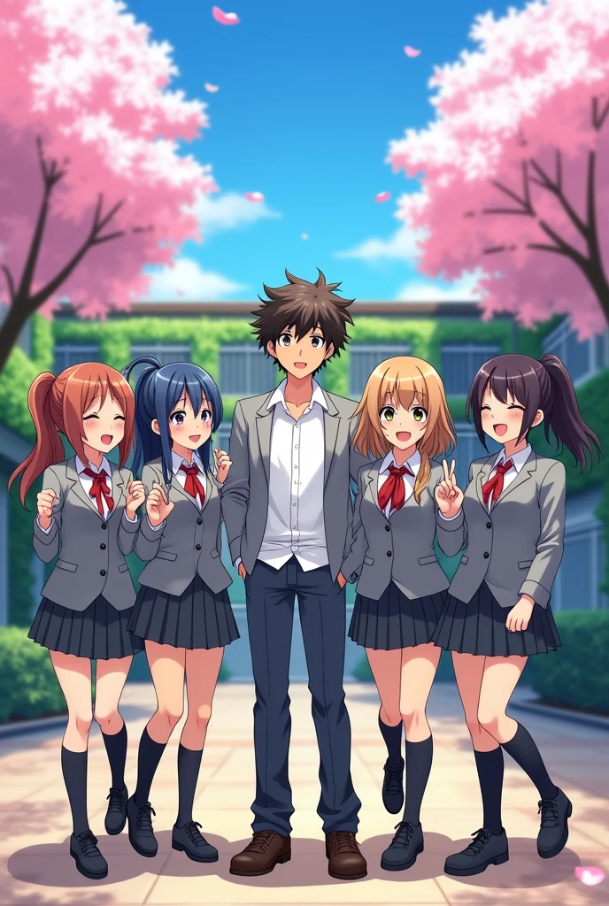 One boy with five girls in school uniform grey and white