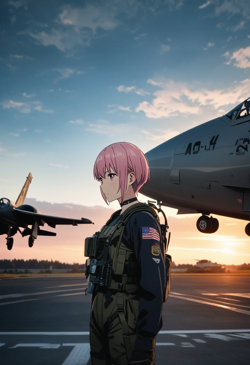 (Highest quality, 4K, 8k, High resolution, masterpiece:1.2), Very detailed, Picturesque, Anime style photo, Photo Anime:1.37)、Japanese、(Pink hair)、(pixie cut)、Air Base、Black choker、camouflage fighter pilot suit、Standing next to the A-10 Thunderbolt II、Panoramic view、Nakano Ichika