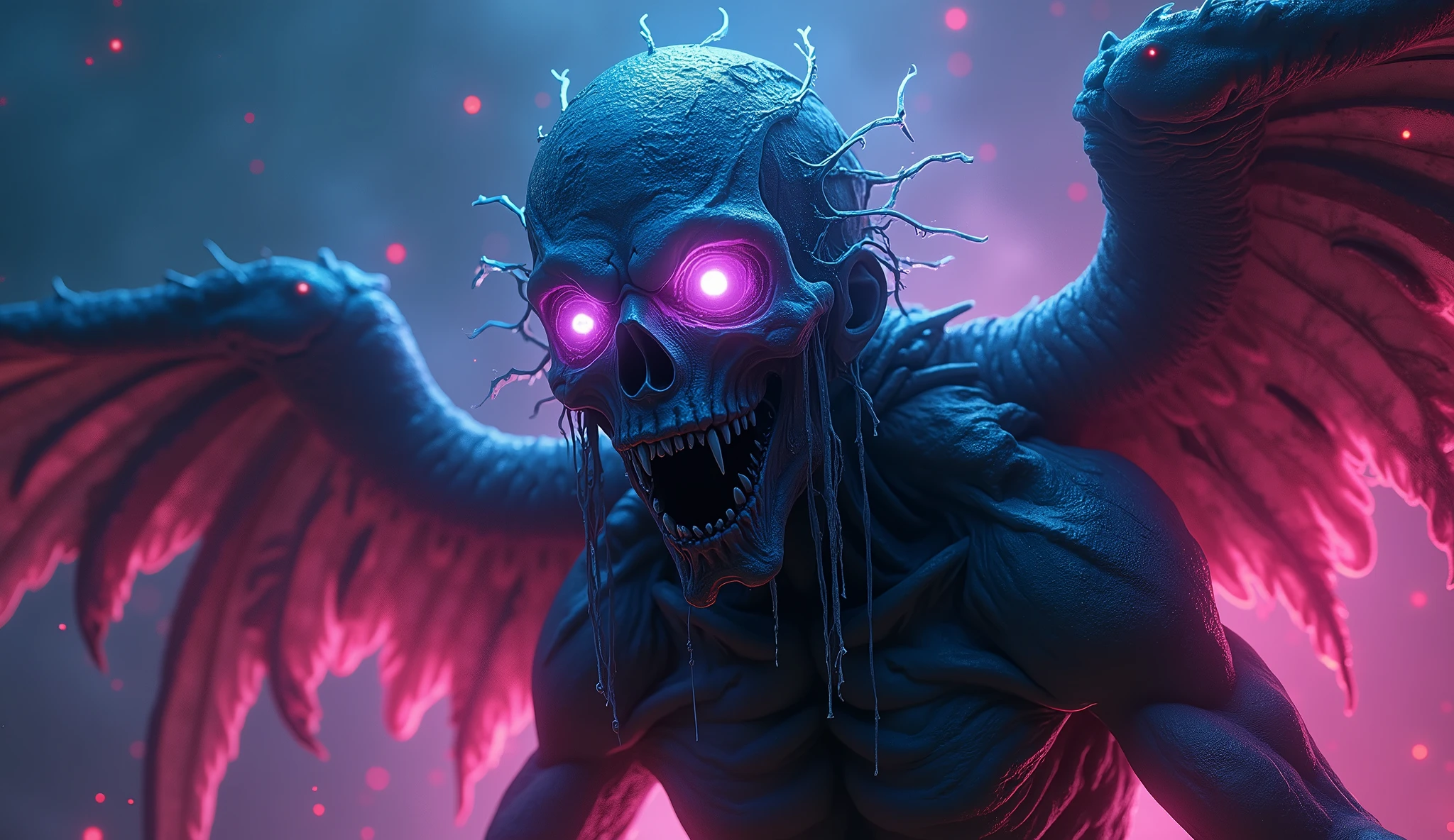 cosmic fallen angel, glowing light eyes, Biomechanicals, weirdcore, frightful, nightmarish, very bright colors, light particles, with bright light, Mshiff, Wallpaper Art, UHD Wallpaper