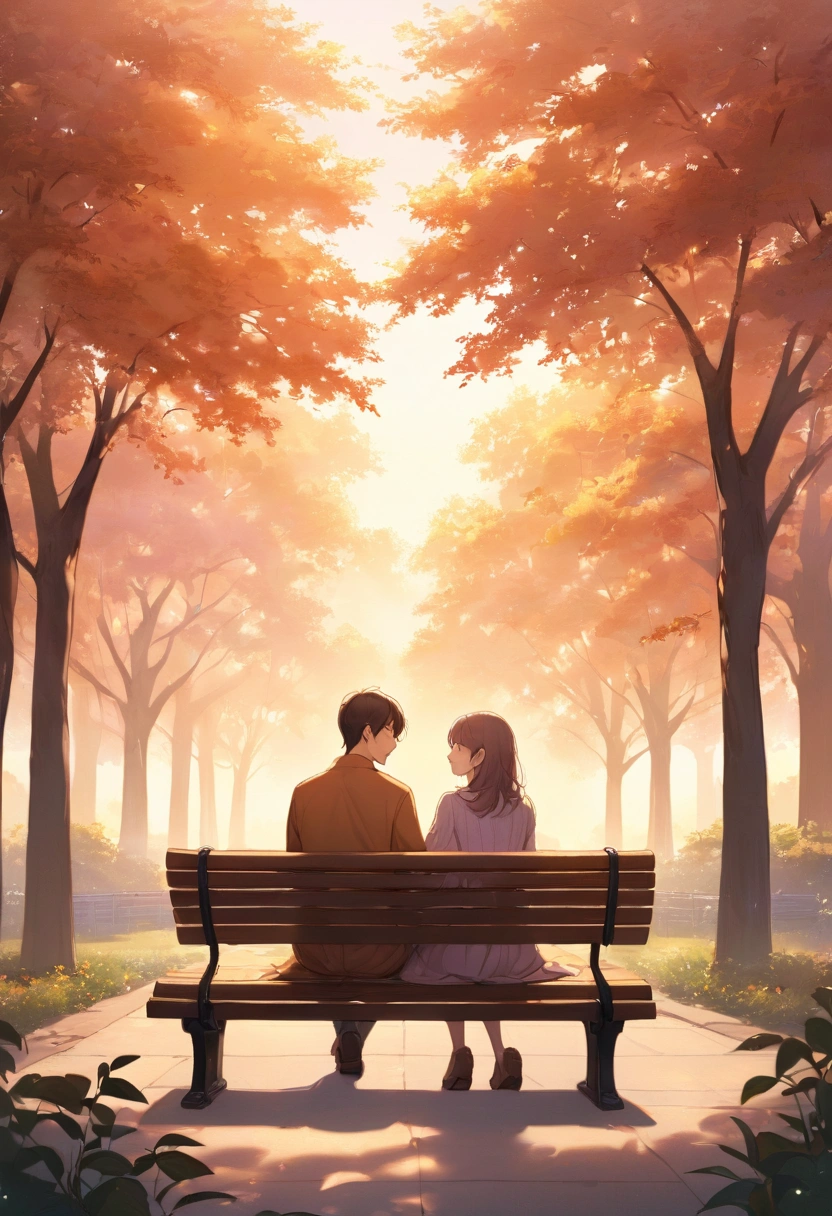 "Create a heartwarming image of a couple sitting together on a park bench during a peaceful sunset. The couple is seated close, holding hands and looking at each other with warm smiles. The background features a serene park scene with soft, glowing sunlight filtering through the trees, casting a golden hue across the scene. The sky is painted with warm shades of orange, pink, and purple. The atmosphere should feel calm, intimate, and full of love, with soft pastel colors and gentle shadows creating a cozy, welcoming vibe. The overall style is minimalistic but elegant, focusing on the couple’s connection and the beautiful environment around them."