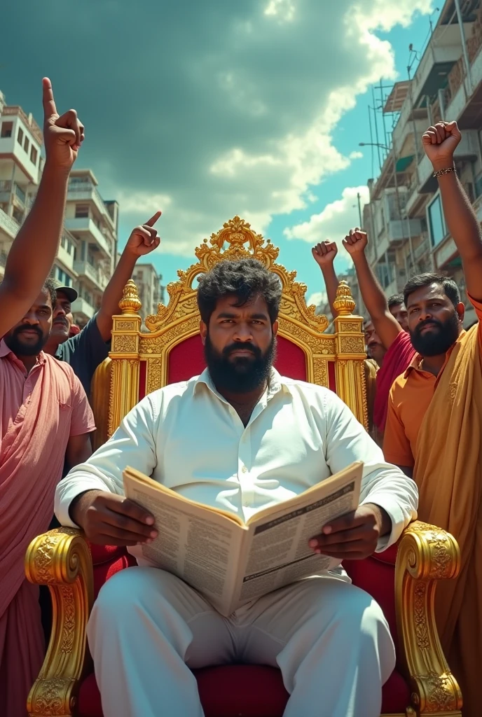 A man with dark hair and beard and wearing white shirt full sleeve sitting on king golden chair reading news paper tamilnadu men crowd in triumphant gesture against a dramatic sky with clouds and a cityscape in the background

