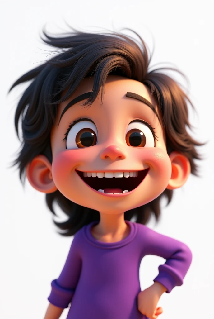 one ,Grinning,long dark brown hair, wearing a purple blouse,white background, the child, tom, Pixar-style, ..3d, Cartoon s, face detailed, asymmetric 16k