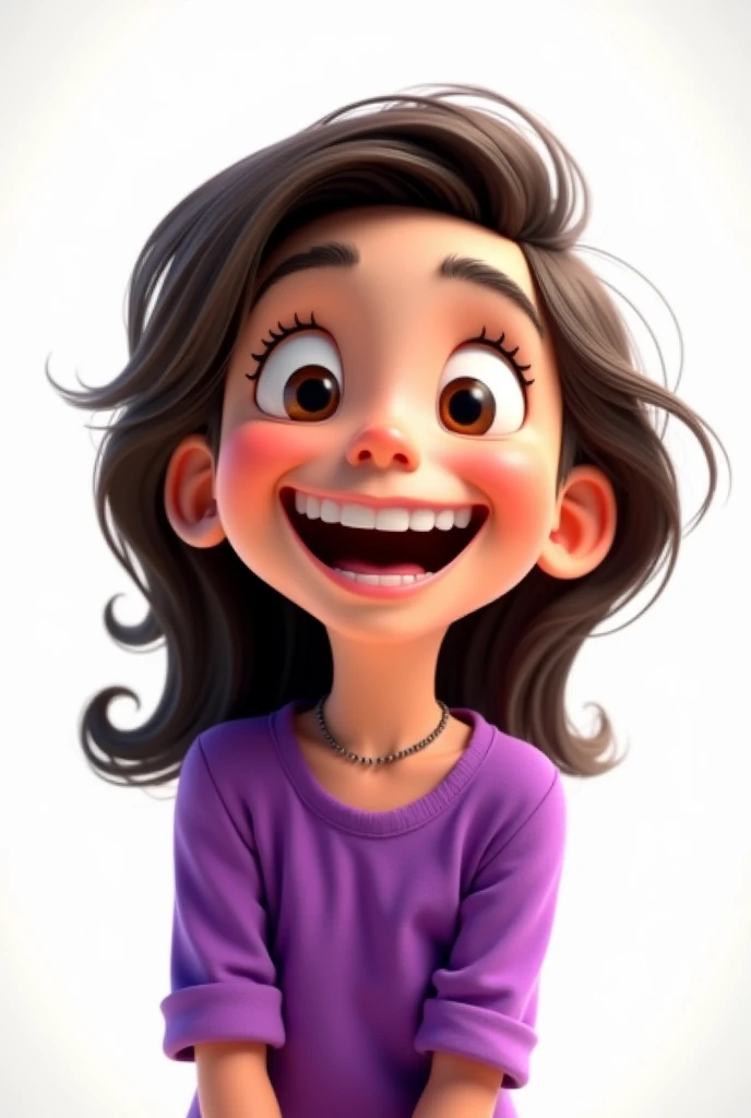 one ,Grinning,long dark brown hair, wearing a purple blouse,white background, the child, tom, Pixar-style, ..3d, Cartoon s, face detailed, asymmetric 16k