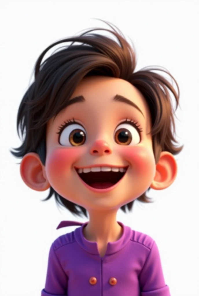 one ,Grinning,long dark brown hair, wearing a purple blouse,white background, the child, tom, Pixar-style, ..3d, Cartoon s, face detailed, asymmetric 16k