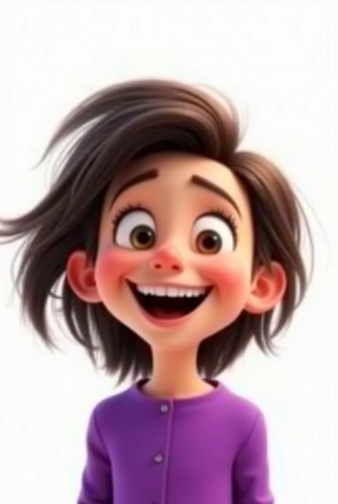 one ,Grinning,long dark brown hair, wearing a purple blouse,white background, the child, tom, Pixar-style, ..3d, Cartoon s, face detailed, asymmetric 16k