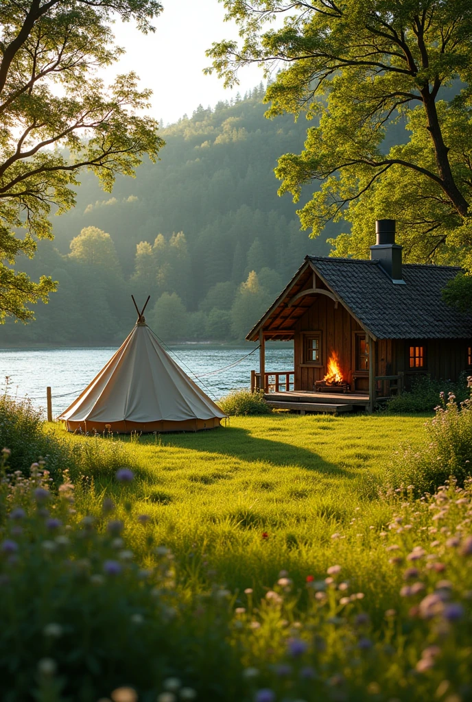 An image with hut fireplace river, lawn, tent