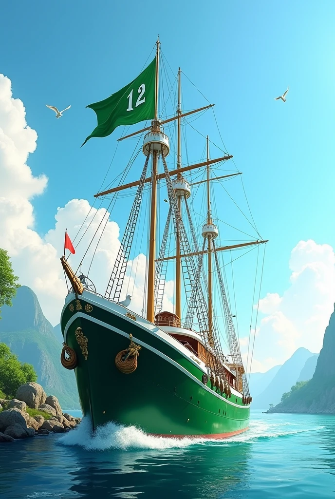 A large green and white boat with a green flag with the number 12 printed on the flag