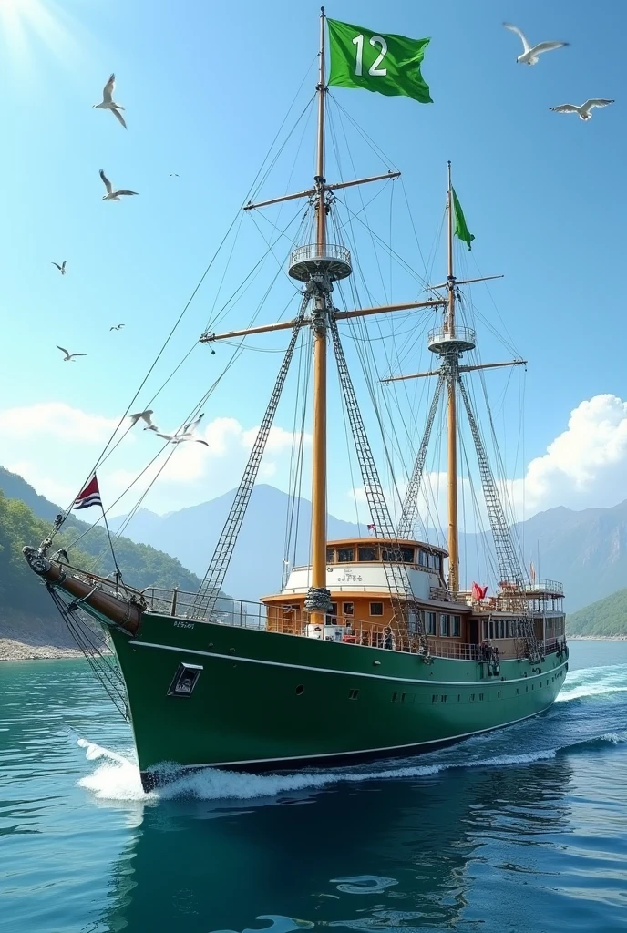 A large green and white boat with a green flag with the number 12 printed on the flag
