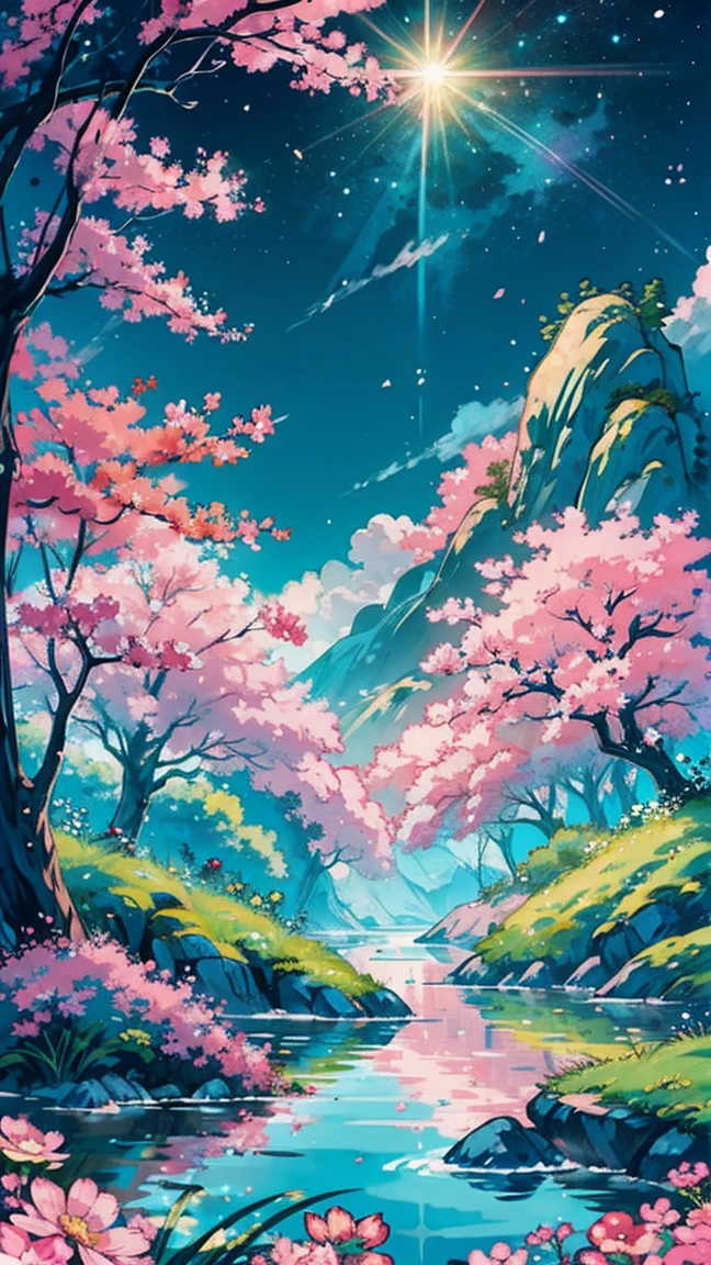 Viral anime nature wallpaper in 4K quality, in the style of ghibli, showcasing an island made of one triangle formed rock with a majestic tree standing on it, pink/brown/green colors of the tree, beautiful flowers and grass on the rock, all around is water lake ; bright and cheerful color temperature, cosmos lighting with stars twinkling in the sky and sunrays, the atmosphere is whimsical and joyful --v 5 --stylize 1000
