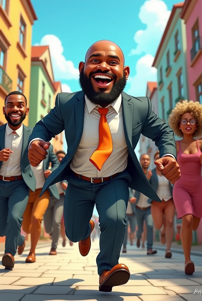 70kg black man, without beard and bald 1,70m tall wearing councilman clothes running with people around caricature style