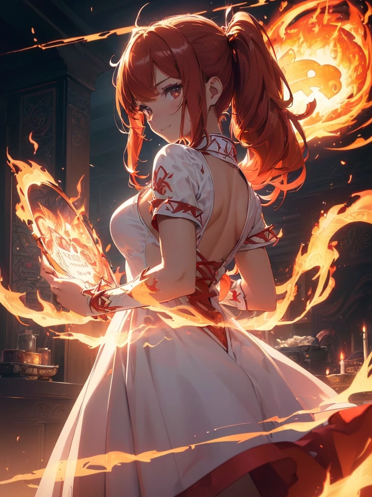 (((best quality, sharp image, clear image, cinematic lighting, 8k resolution, masterpiece, ultra detailed, intricate))) Girl, (((looking over left shoulder))), (shot from behind), ((half shot)), fiery red hair, pigtails, ((white dress)), ((flaming sigils, flaming runes)), spiky rock formations, (flaming lotus flowers frame), (intricate background), ((Phoenix)), (swirling flames), smiling