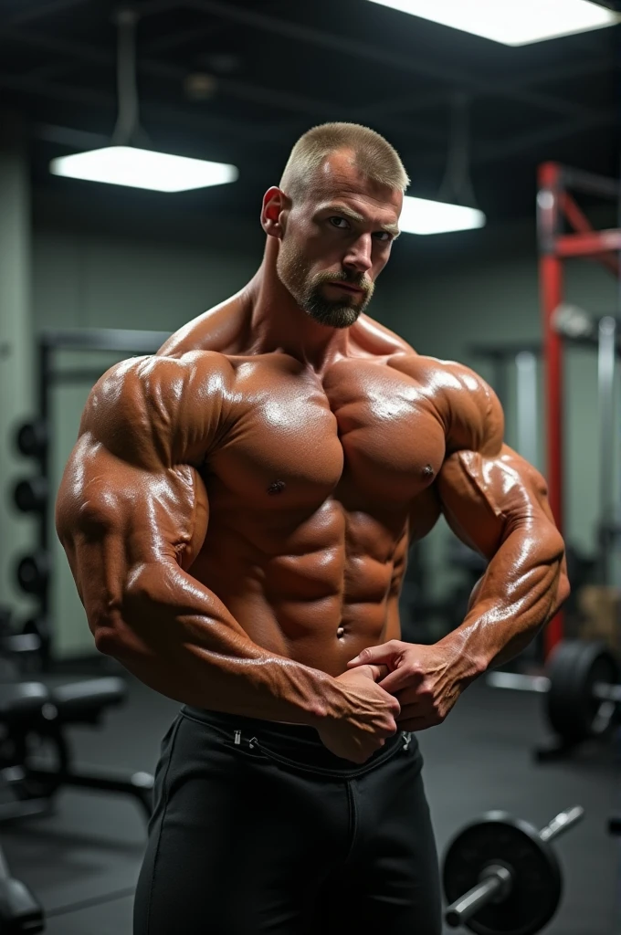 A body builder posing the ARNOLD POSE in the gym. High definition photo with blurred background
