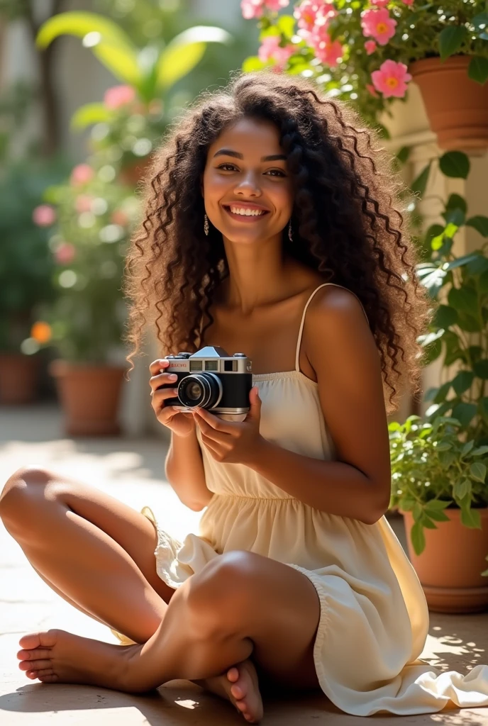A brunette girl with curly hair and big breasts sits with her legs stretched out, taking a realistic photo