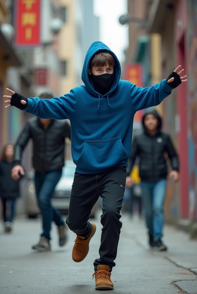 Teen Boy wearing blue hoodie and black pants brown shoes with mask on and fingerless gloves kidnapping teen boy tied up and gag with duct tape 