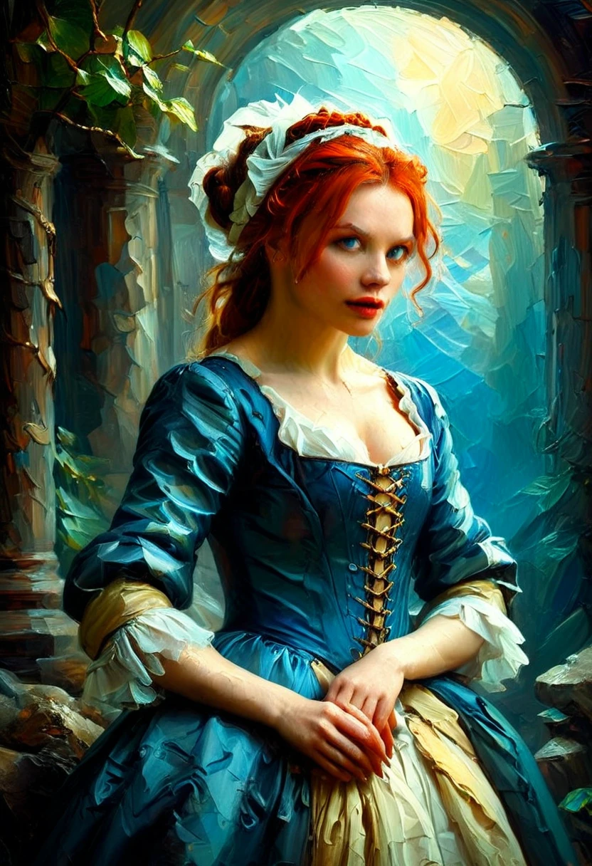 A woman in a fantasy world, in the style of 18th-century painting