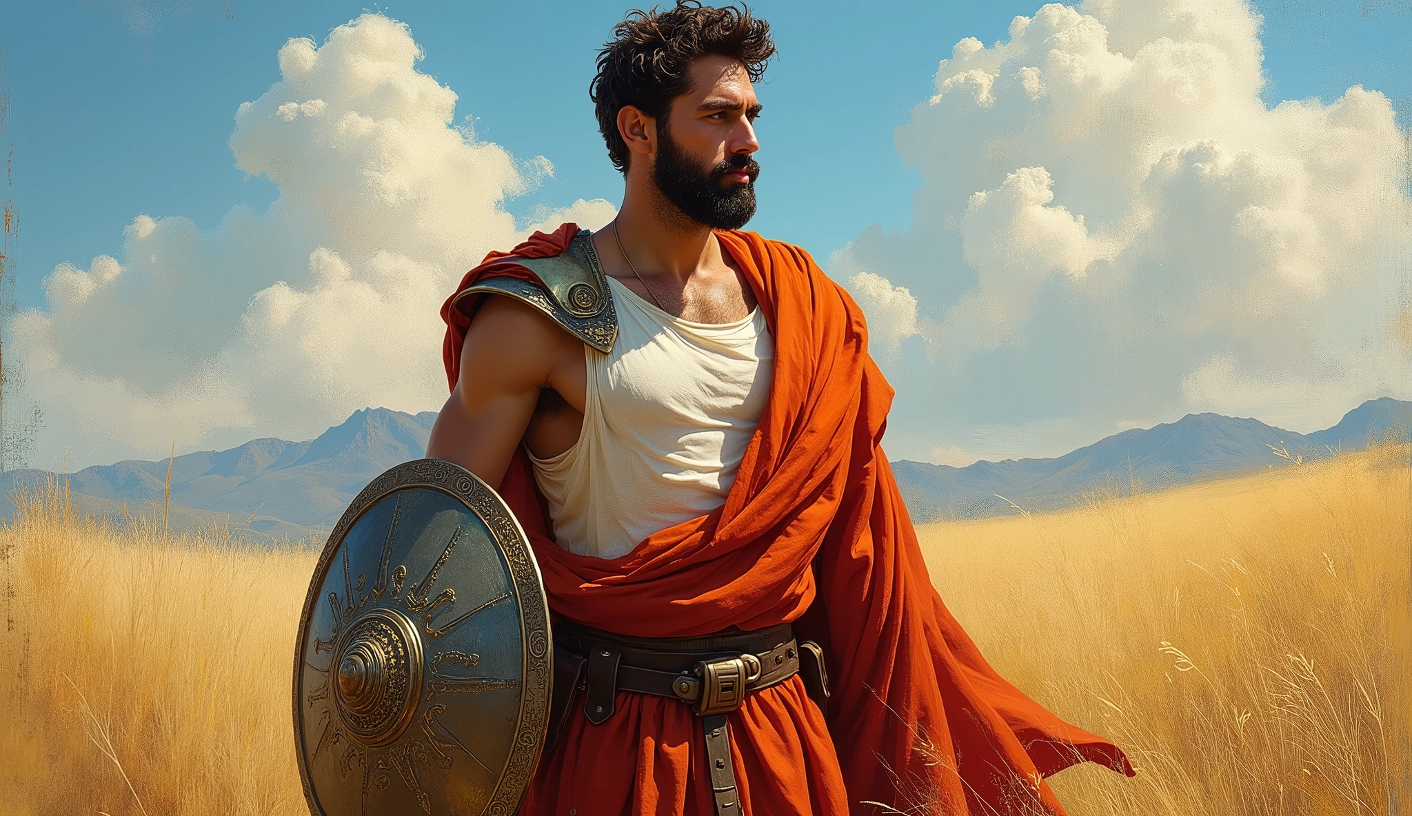 "A male stoic philosopher with a well-proportioned and attractive physique, not excessively muscular. He is wearing classic tunics, slightly transparent, that gently drape over his body, subtly revealing parts of his chest and shoulder, with a very short and well-groomed beard, and wavy, well-stylised hair. He is holding a shield symbolizing protection, with a determined expression on his face, ready to face challenges head-on. The scene is set in a vibrant, impressionist landscape with rich colors and dynamic brushstrokes, creating a sense of movement and emotion. The background has a subtle texture that adds depth but complements the text without overpowering it."