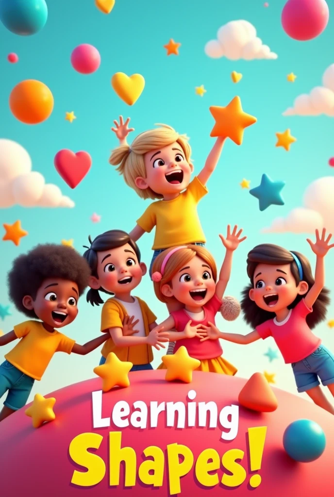 Create a vibrant 3D rendered thumbnail featuring a fun and engaging scene for a children's educational video about learning shapes. The image should include:
A diverse group of animated children (different genders and ethnicities) actively interacting with various shapes.
Colorful, oversized shapes (like circles, squares, triangles, and stars) floating around the children, making them look like they are playing with or learning about them.
A cheerful, playful background with bright colors and perhaps some simple, whimsical elements like clouds or stars.
Bold, easy-to-read text at the top or bottom of the image saying "Learning Shapes!" in a playful, kid-friendly font.
Make sure the overall style is bright, engaging, and appealing to a young audience.
Resolution must be 1080x1920
