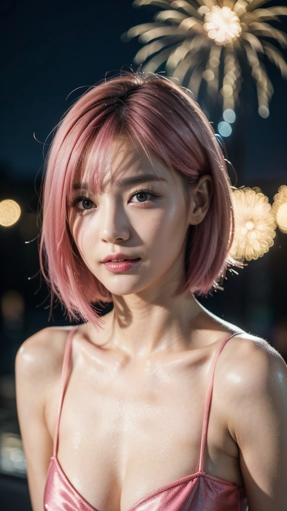 Model actress、One Woman、cool、Japanese and half European、Close-up of face、30 generation beauty、Realistic Skin、4K images、bright pink hair、Short Hair、The background is blurred fireworks.