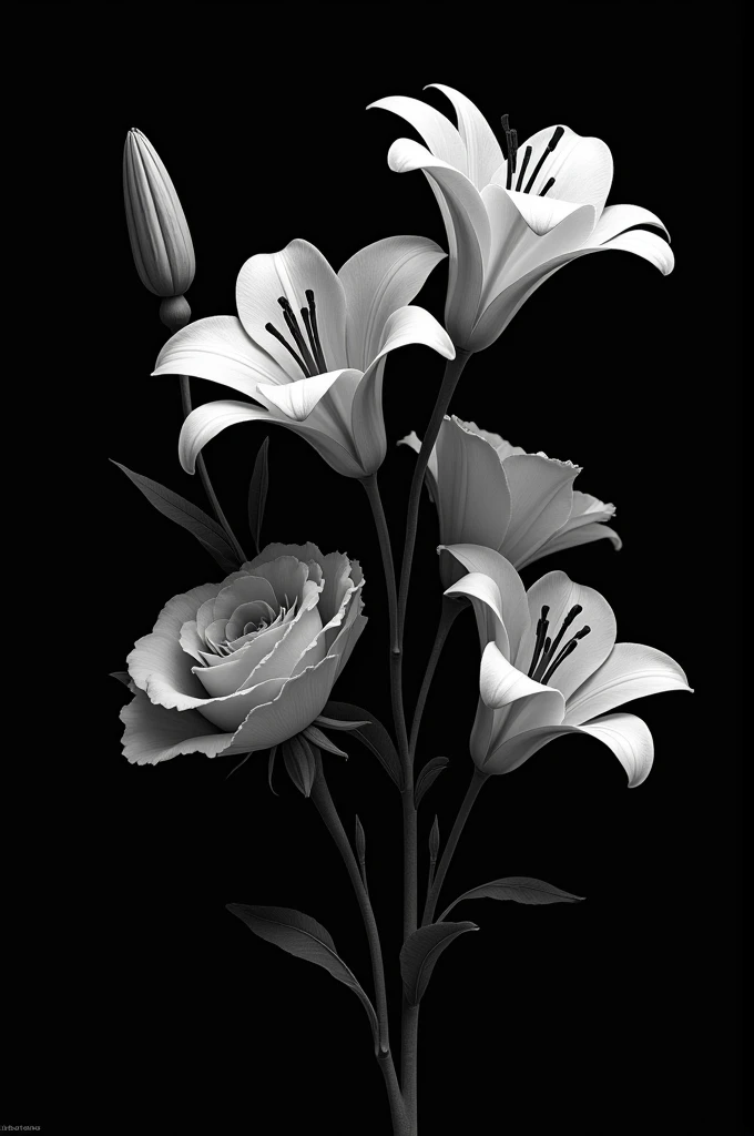 An art portrait of flowers in black and white, with background of completely black