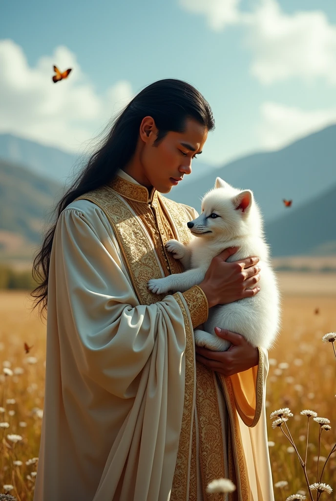 A western noble looking man, with black hair and regal like clothing picking up a baby Snow fox. 