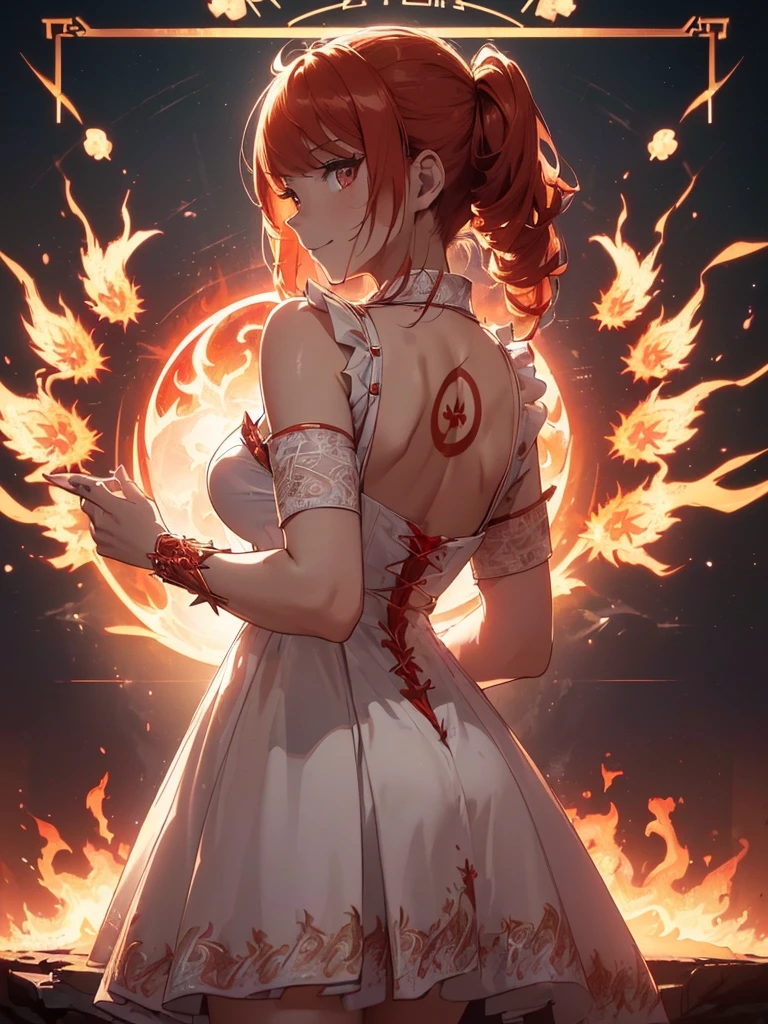 (((best quality, sharp image, clear image, cinematic lighting, 8k resolution, masterpiece, ultra detailed, intricate))) Girl, (((looking over left shoulder))), (shot from behind), ((half shot)), fiery red hair, pigtails, ((white dress)), ((flaming sigils, flaming runes)), spiky rock formations, (flaming lotus flowers frame), (intricate background), ((Phoenix)), (swirling flames), smiling