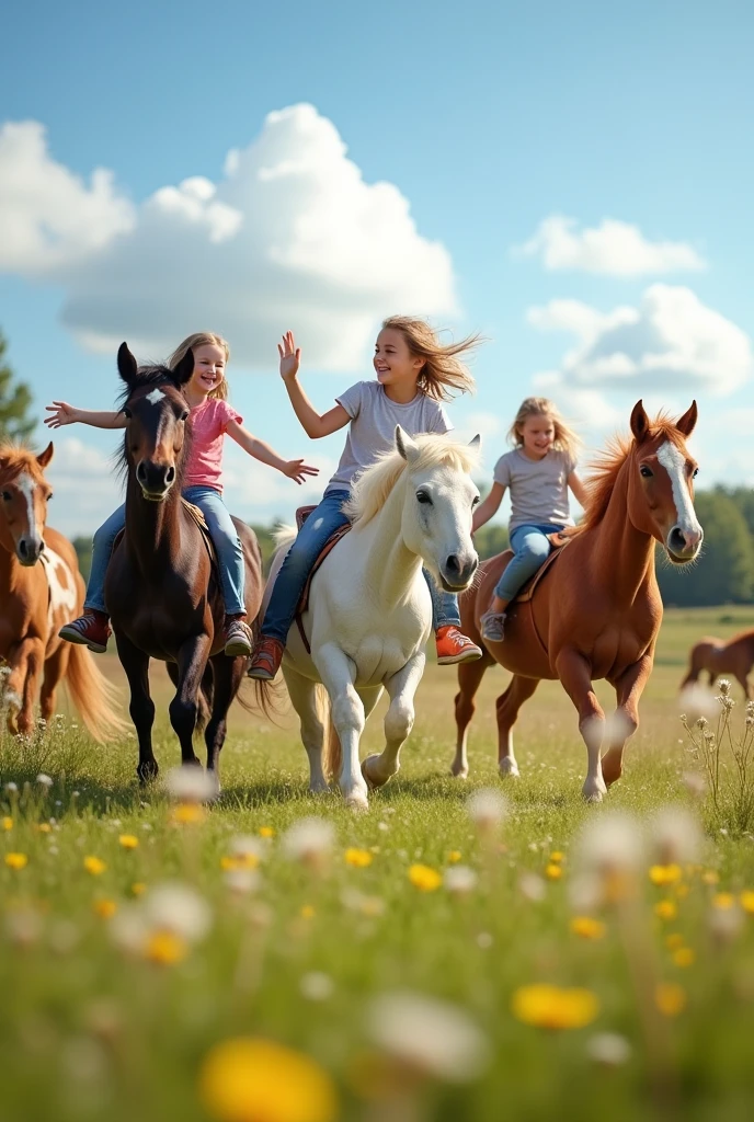 Children playing with ponies