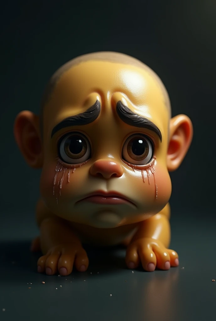 Design a hyper-realistic sad emoji with a drooping frown and expressive eyes filled with sorrow. The skin should have a soft, almost human-like texture, with tears slowly rolling down the cheeks. The emoji's eyes should be glossy, with a subtle reflection of light. The lighting should create a somber mood, with shadows emphasizing the depth of the sadness."