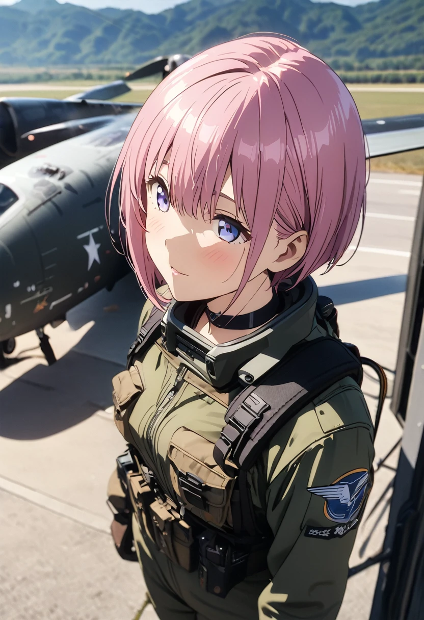 (Highest quality, 4K, 8k, High resolution, masterpiece:1.2), Very detailed, Picturesque, Anime style photo, Photo Anime:1.37)、Japanese、(Pink hair)、(pixie cut)、Air Base、Black choker、camouflage fighter pilot suit、Standing next to the A-10 Thunderbolt II、Panoramic view、Nakano Ichika