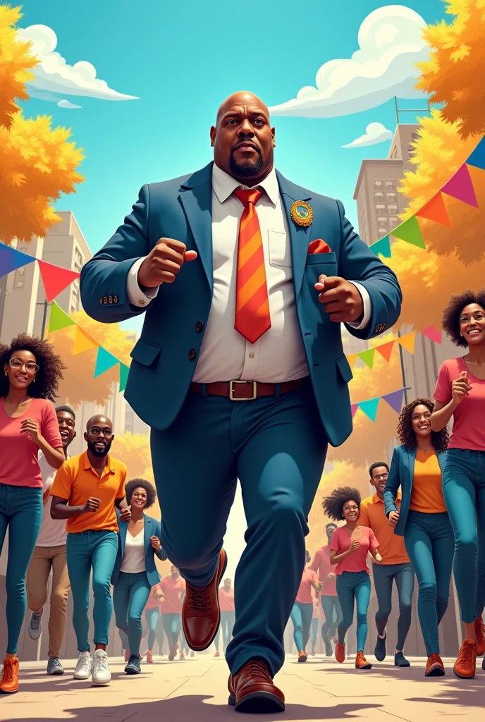 70kg black man, bald man,70m tall wearing councilman clothes running with people around caricature style 