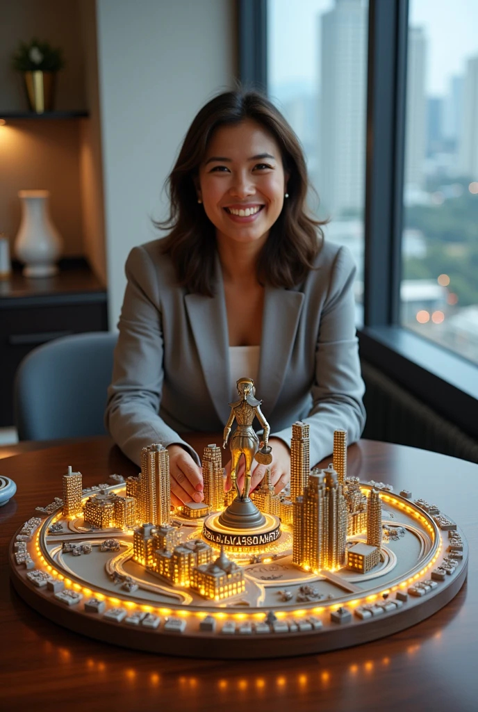 a beautiful Indonesian girl smiling sweetly with slightly wavy hair, wearing a light gray suit, is sitting in the office and there is a large miniature city on the table, a miniature city complete with tall buildings and highways forming a circle and a statue of a knight on horseback, visible factory industry, there is a small sea around it, a plaque with the spelling "EVA MATANARI", yellow LED light, background in a luxury office room