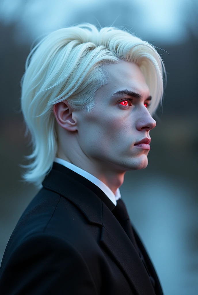 Profile of an albino man with pale skin, Platinum white hair, Red eyes, MALE handsome face,  is man 