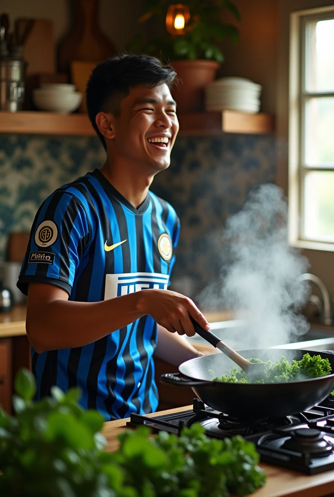 real photo. young man Indonesian face. wearing an Inter jersey, the expression was laughing out loud. is sautéing kale vegetables in the pan. kitchen atmosphere. real life Ultra-realistic 8K photograph, shot with a Leica Q2, strong color contrast and sharp clarity --ar 9:16 --quality 2 --