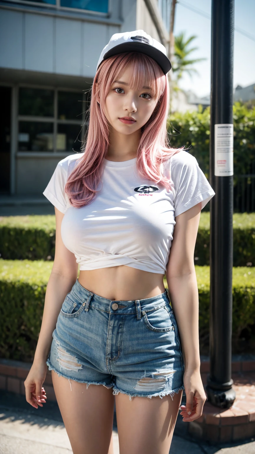 21yo girl,pink hair,long hair, wearing oversize white t-shirt, shorts, wearing a baseball cap, natural big breast, show big thigh, plump body, single sidelock hairpin blush modern cinematic lighting,ray tracing,drop shadow wide shot UHD,textured skin,high details,best quality 4K, (from below:1.2), (realistic:1.1), (surreal:1.2), (very detailed:1.1)