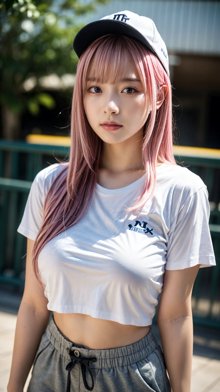 21yo girl,pink hair,long hair, wearing oversize white t-shirt, shorts, wearing a baseball cap, natural big breast, show big thigh, plump body, single sidelock hairpin blush modern cinematic lighting,ray tracing,drop shadow wide shot UHD,textured skin,high details,best quality 4K, (from below:1.2), (realistic:1.1), (surreal:1.2), (very detailed:1.1)