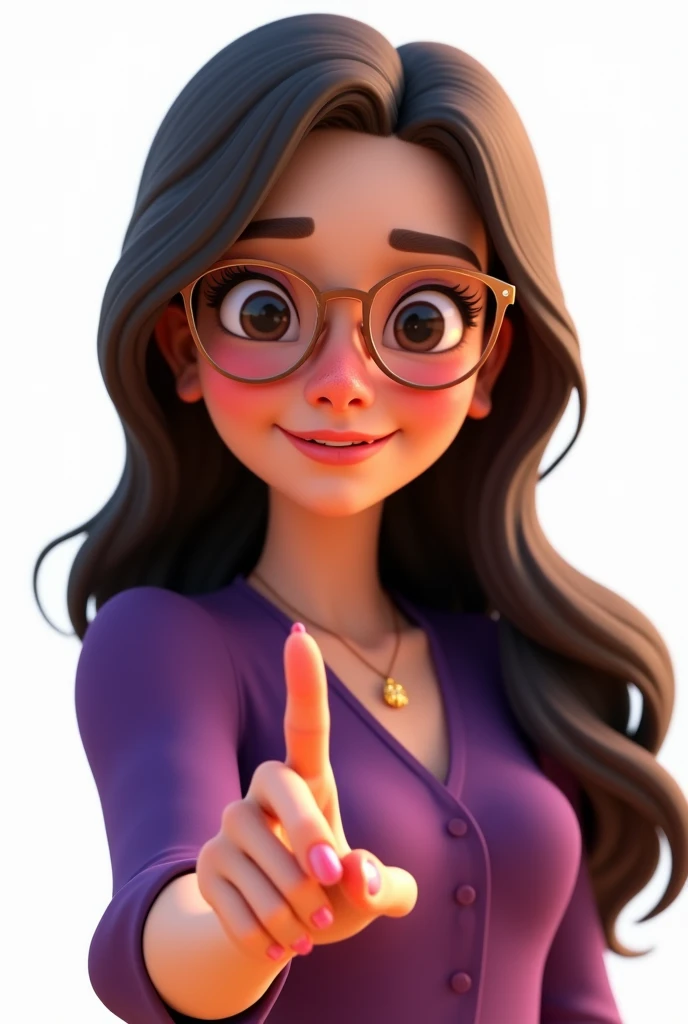 one ,Caucasian skin,shy smile,wearing small glasses,long dark brown hair, wearing a purple blouse,white background, giving jewelry with the thumb,Pixar-style, ..3d, Cartoon s, face detailed, asymmetric 16k