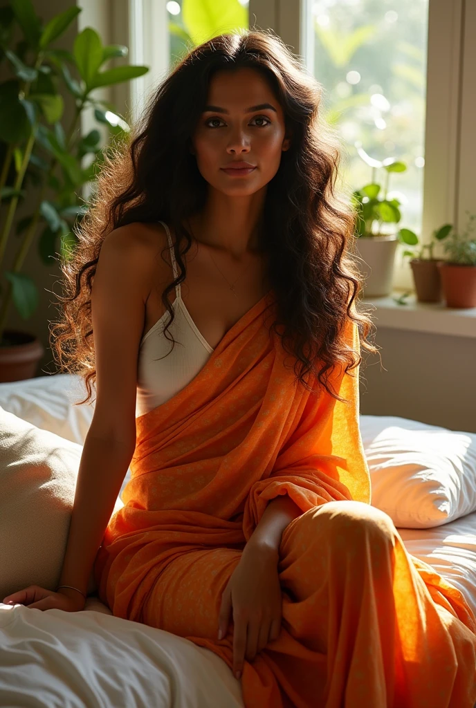 (photorealism:1.2), beautiful woman, sitting on bed, wearing saree , pajama pants, long curly hair, indoors, soft lighting, plants in background, window with sunlight, cozy room, relaxed pose, realistic, intricate details, warm colors, by Greg Rutkowski, by Alphonse Mucha