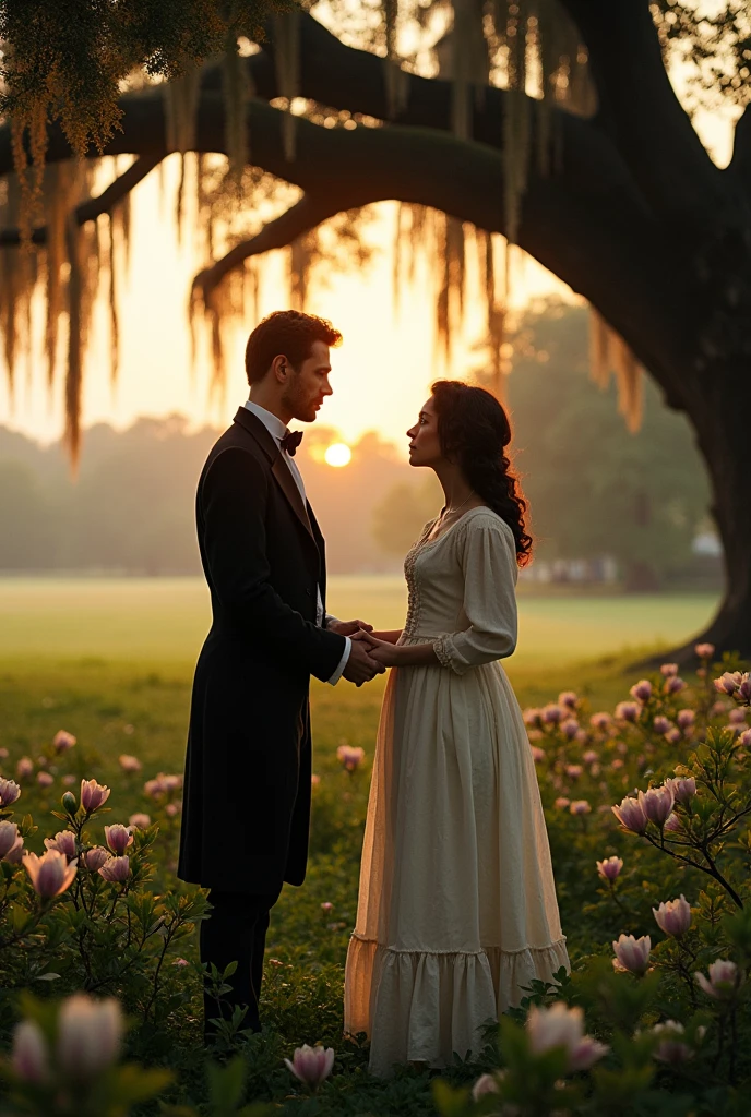 Create a picture of the 1800s, a romance between a high-society white man and a slave girl.