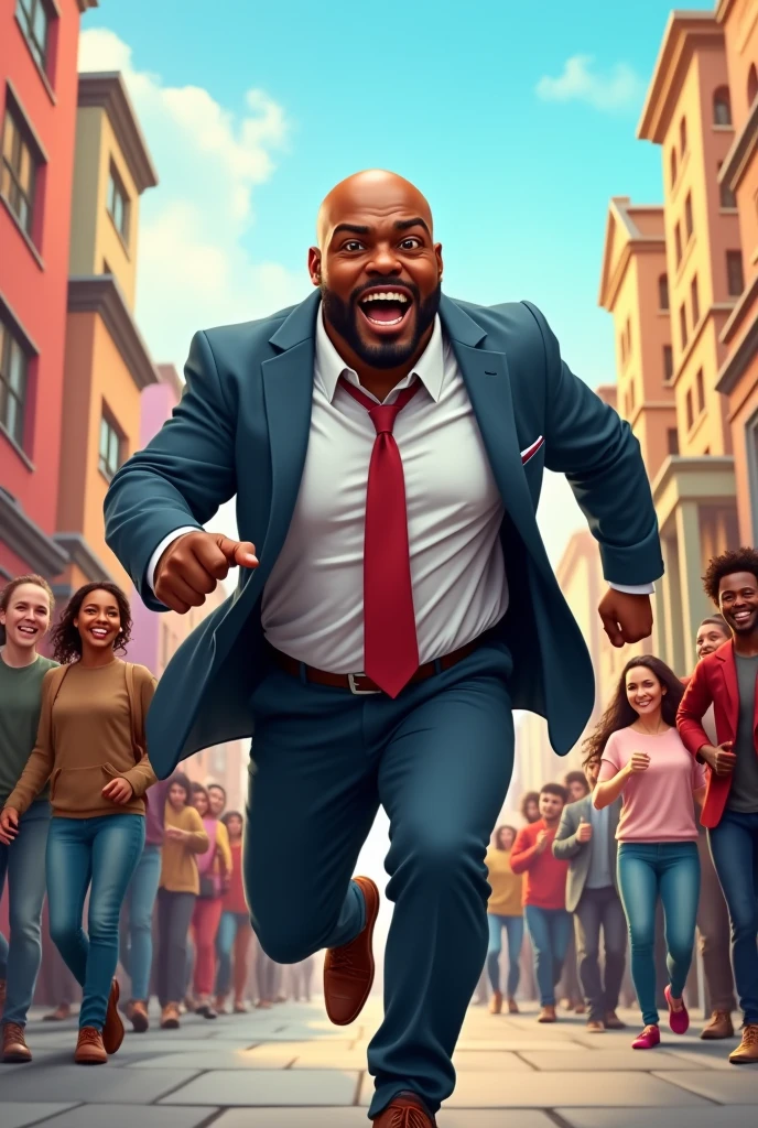 60kg black man, bald man,70m tall wearing councilman clothes running with people around caricature style