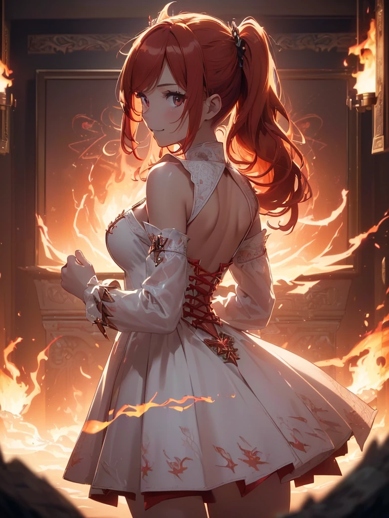 (((best quality, sharp image, clear image, cinematic lighting, 8k resolution, masterpiece, ultra detailed, intricate))) Girl, (((looking over left shoulder))), (shot from behind), ((half shot)), fiery red hair, pigtails, ((white dress)), ((flaming sigils, flaming runes)), spiky rock formations, (flaming lotus flowers frame), (intricate background), ((Phoenix)), (swirling flames), smiling