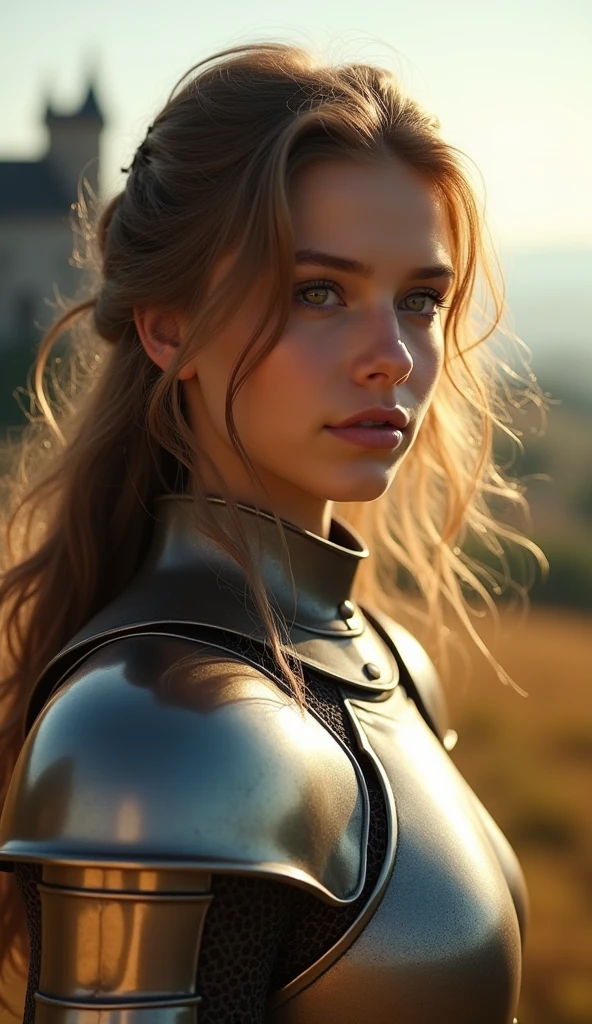 (masterpiece), (extremely intricate:1.3), (realistic), portrait of a girl, the most beautiful in the world, (medieval armor), metal reflections, upper body, outdoors, intense sunlight, far away castle, professional photograph of a stunning woman detailed, sharp focus, dramatic, award winning, cinematic lighting, octane render  unreal engine,  volumetrics dtx, (film grain, blurry background, blurry foreground, bokeh, depth of field, sunset, motion blur:1.3), chainmail