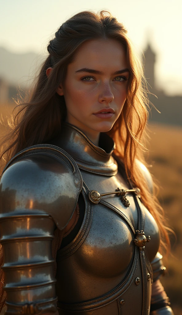 (masterpiece), (extremely intricate:1.3), (realistic), portrait of a girl, the most beautiful in the world, (medieval armor), metal reflections, upper body, outdoors, intense sunlight, far away castle, professional photograph of a stunning woman detailed, sharp focus, dramatic, award winning, cinematic lighting, octane render  unreal engine,  volumetrics dtx, (film grain, blurry background, blurry foreground, bokeh, depth of field, sunset, motion blur:1.3), chainmail