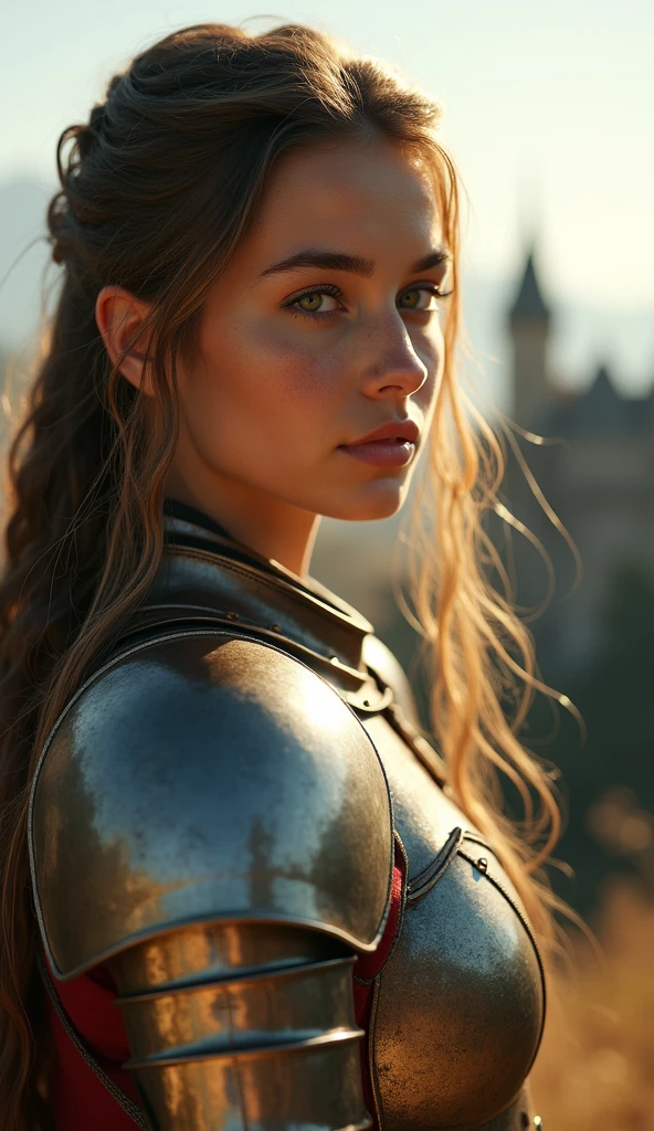 (masterpiece), (extremely intricate:1.3), (realistic), portrait of a girl, the most beautiful in the world, (medieval armor), metal reflections, upper body, outdoors, intense sunlight, far away castle, professional photograph of a stunning woman detailed, sharp focus, dramatic, award winning, cinematic lighting, octane render unreal engine, volumetrics dtx, (film grain, blurry background, blurry foreground, bokeh, depth of field, sunset, motion blur:1.3), chainmail