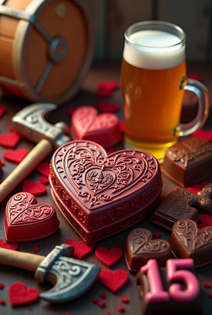 Create an image with a love theme and World of Warcraft that includes the text: "15" in Spanish. That they look like heart-shaped boxes of chocolates, custody, keg of beer, letters and weapons/ hachas that represent World of Warcraft