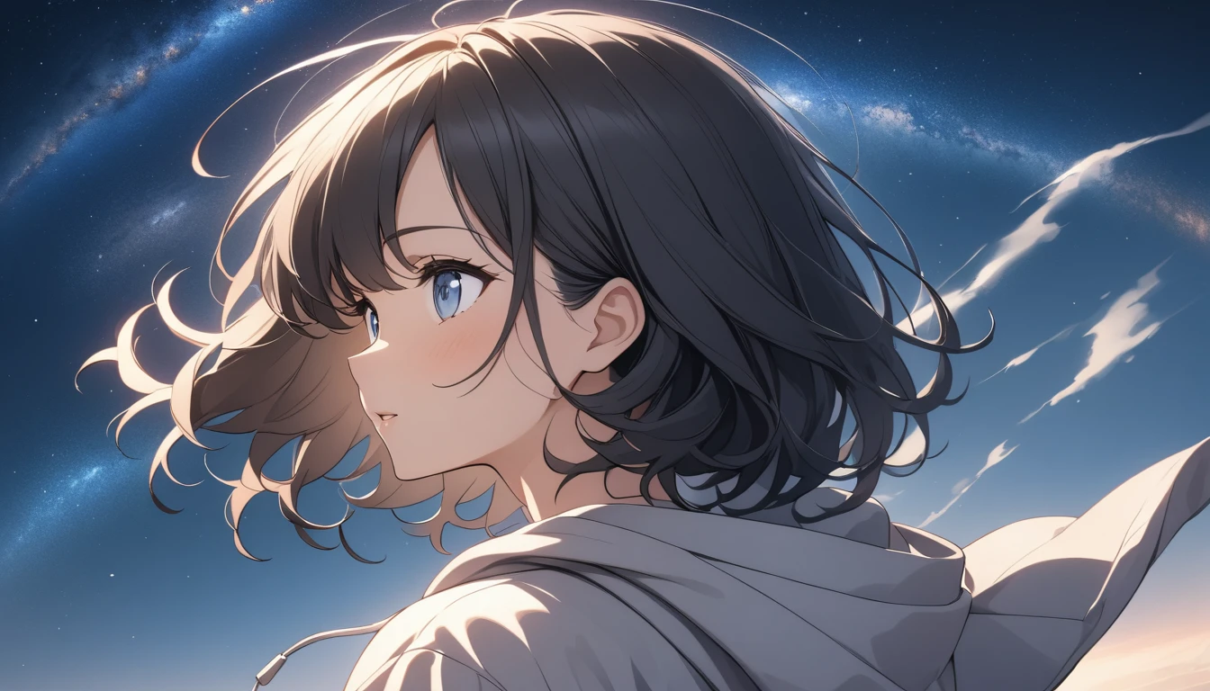 Starry Sky、milky way、A woman at the center、Black Hair、Short Hair、Hair blowing in the wind、Blue Eyes、Wearing a hoodie、Back view、Upper Body、Low - Angle